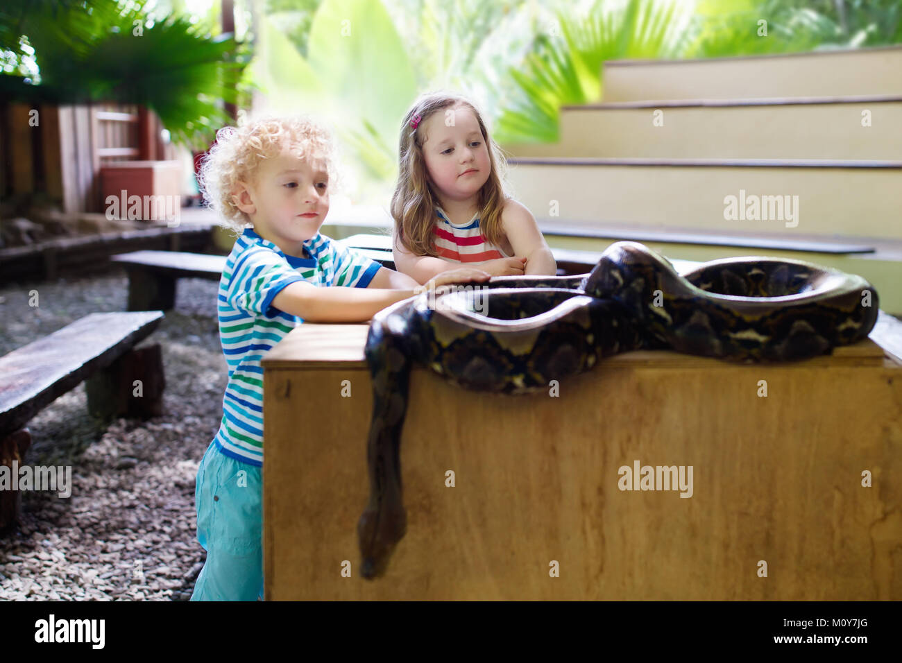 Junge und Mädchen halten und riesigen python Schlange am Tagesausflug zum Zoo. Preschooler kid Beobachten wilder Tiere im Terrarium. Kleines Kind holding Schlangen. Wild Stockfoto