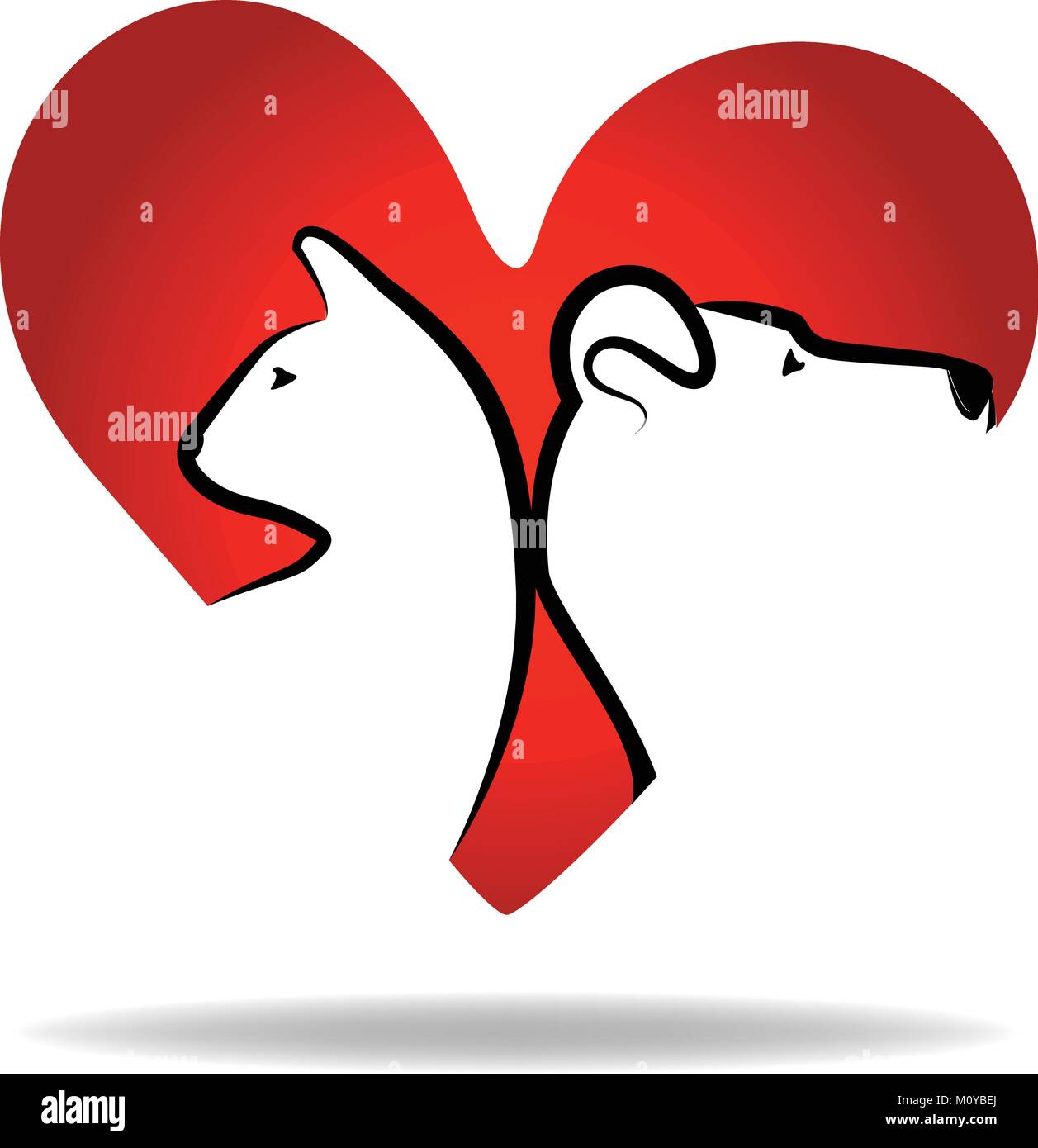 Katze und Hund im Vektordesign des „Love Icon“-Logos mit rotem Herz Stock Vektor
