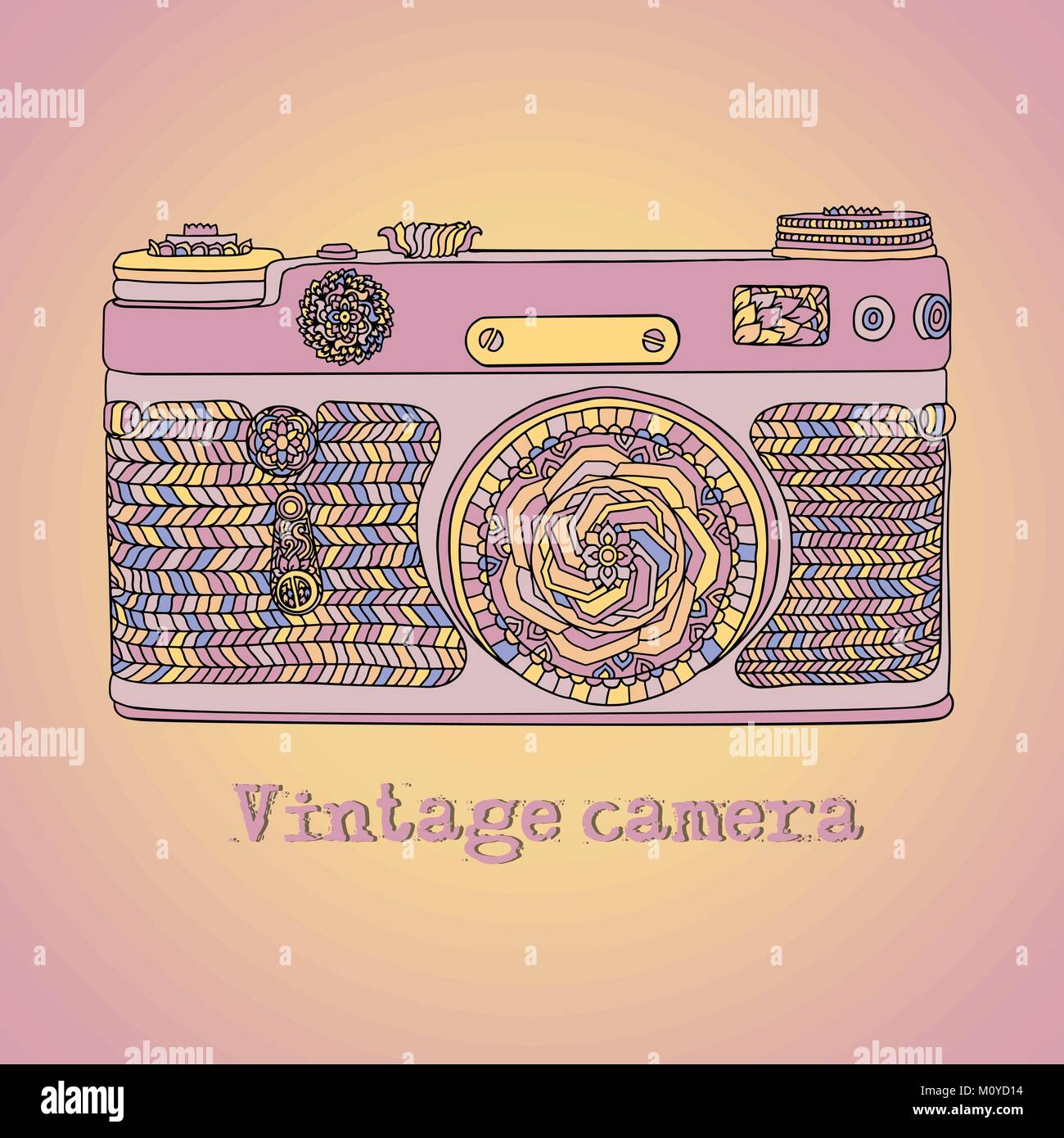 Vintage Retro Foto Kamera mit Blättern Muster. Mandala Design. Boho style Vector Illustration. Stock Vektor Vintage Retro Foto Kamera mit Blättern Muster. Mandala Design. Boho style Vector Illustration. Stock Vektor