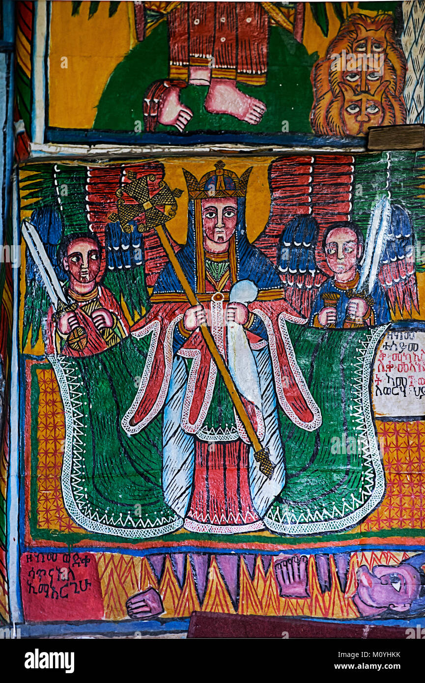 Erzengel Michael, Leinwand Gemälde, Orthodoxe rock Kirche Mikael Tsaeda Mellehayzengi, Amba, Tigray, Äthiopien Stockfoto