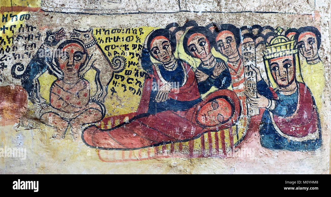 Auf der linken Seite, Gebre Kristos ist durch zwei Hunde seines Vaters bei seiner Ankunft begrüßt, auf der rechten Seite vom Schmerz seiner Eltern, wie sie Stockfoto
