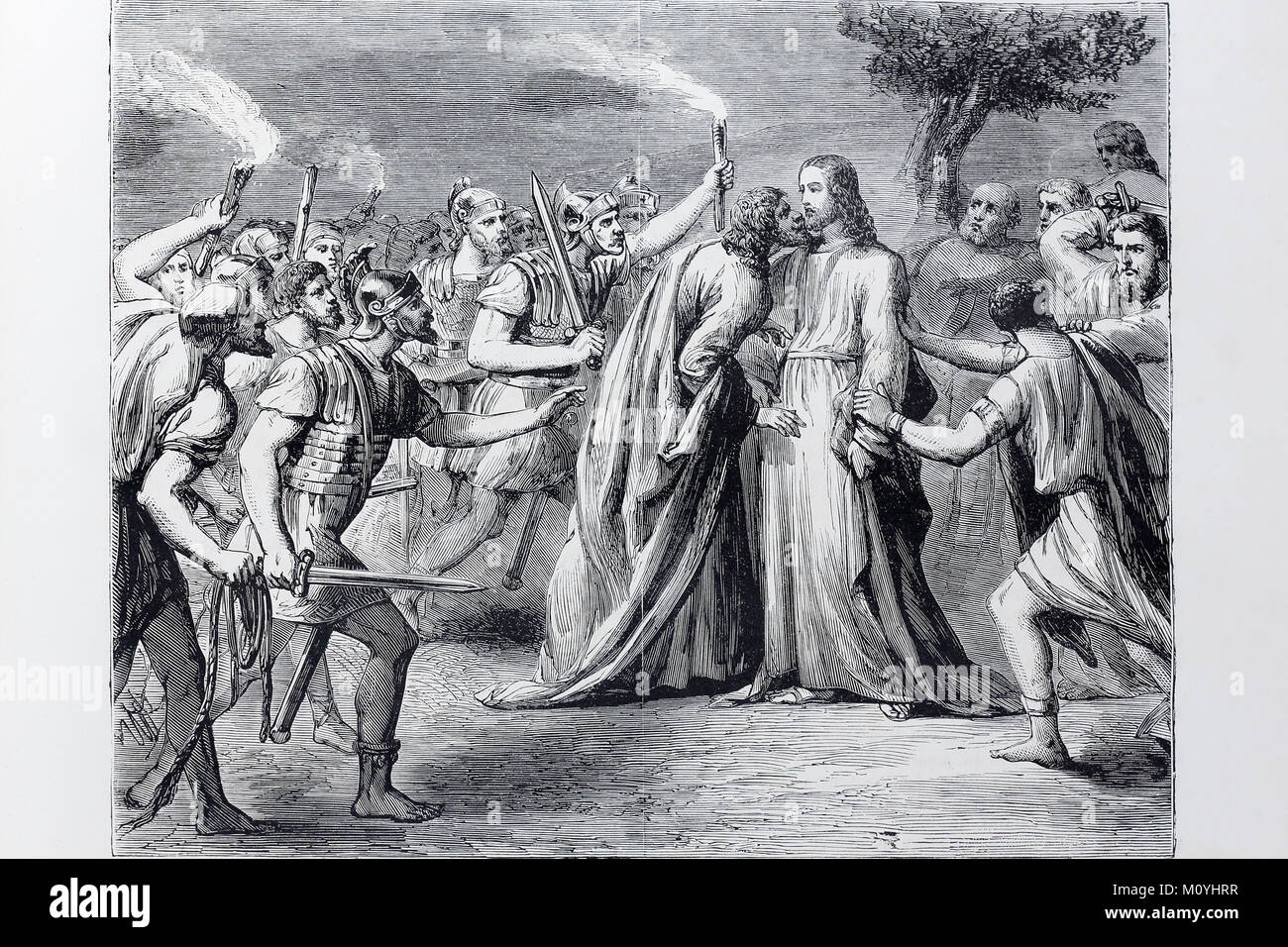Judas verrät Jesus durch einen Kuss, historische Abbildung in eine alte Bibel, der Heiligen Schrift Stockfoto