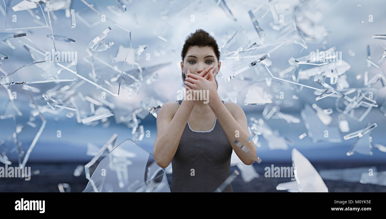 Scherben, die Frau, die den Mund mit Händen Stockfoto