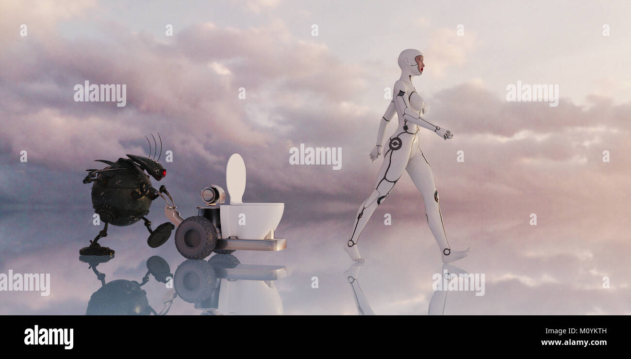 Roboter Drücken tragbare Toilette hinter android Frau Stockfoto