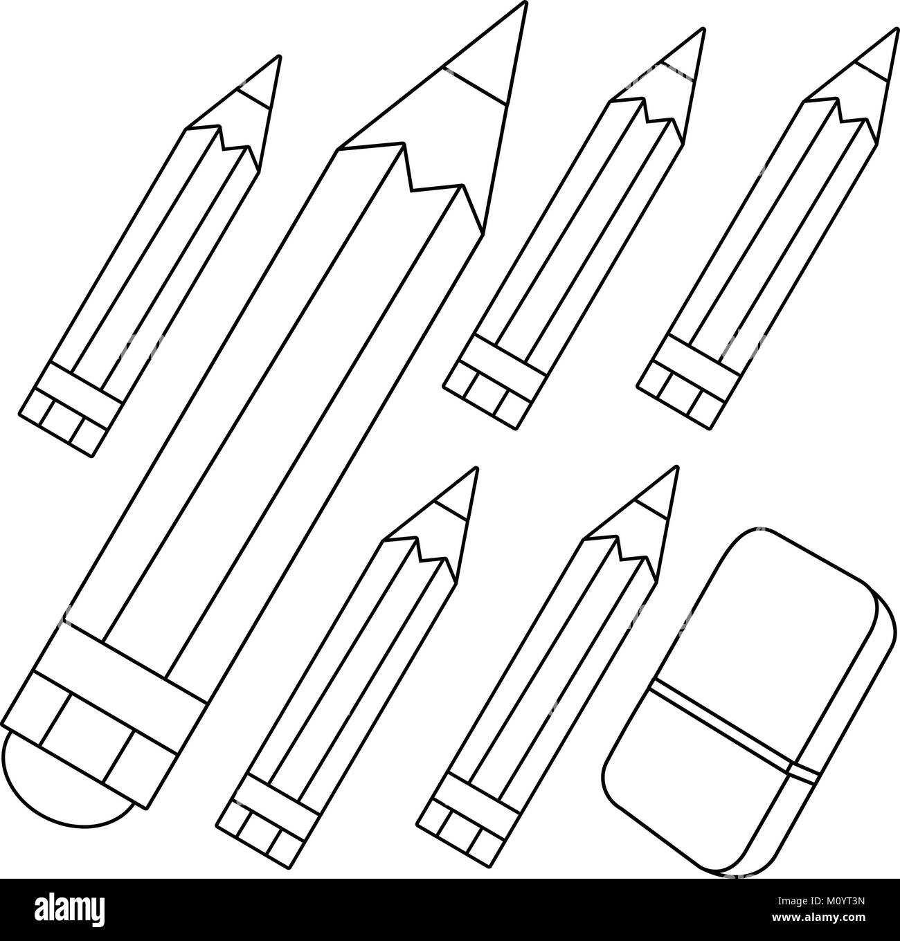 Buntstifte und Radierer. Farbkreide Set für Kinder, Schulkunstmittel zum Zeichnen und Schreiben. Malerei für Kinderschüler. Ausmalseite Stock Vektor