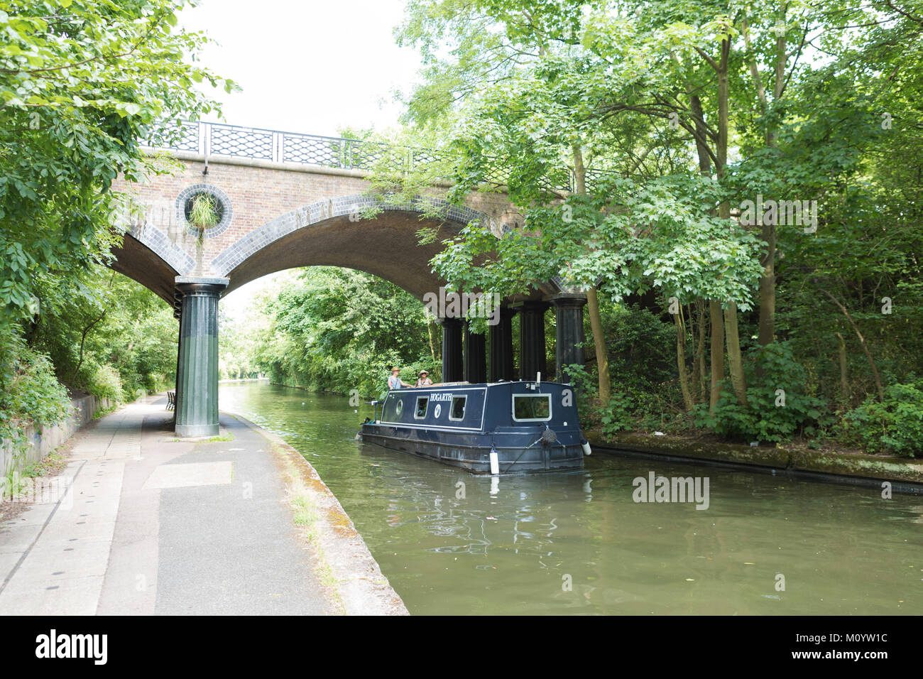 Regents Canal und schmalen Boot vorbei unter Brücke Stockfoto