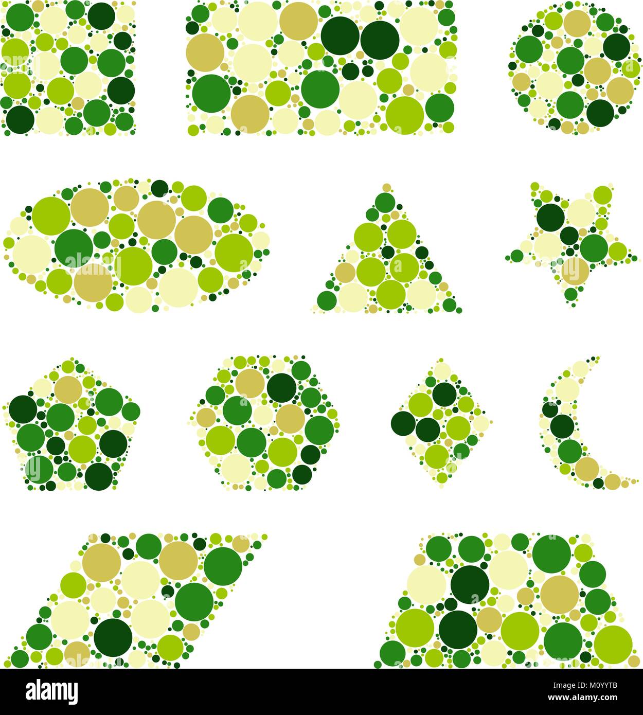 Grüne gestrichelte geometrische Figuren isoliert auf weißem Hintergrund Stock Vektor