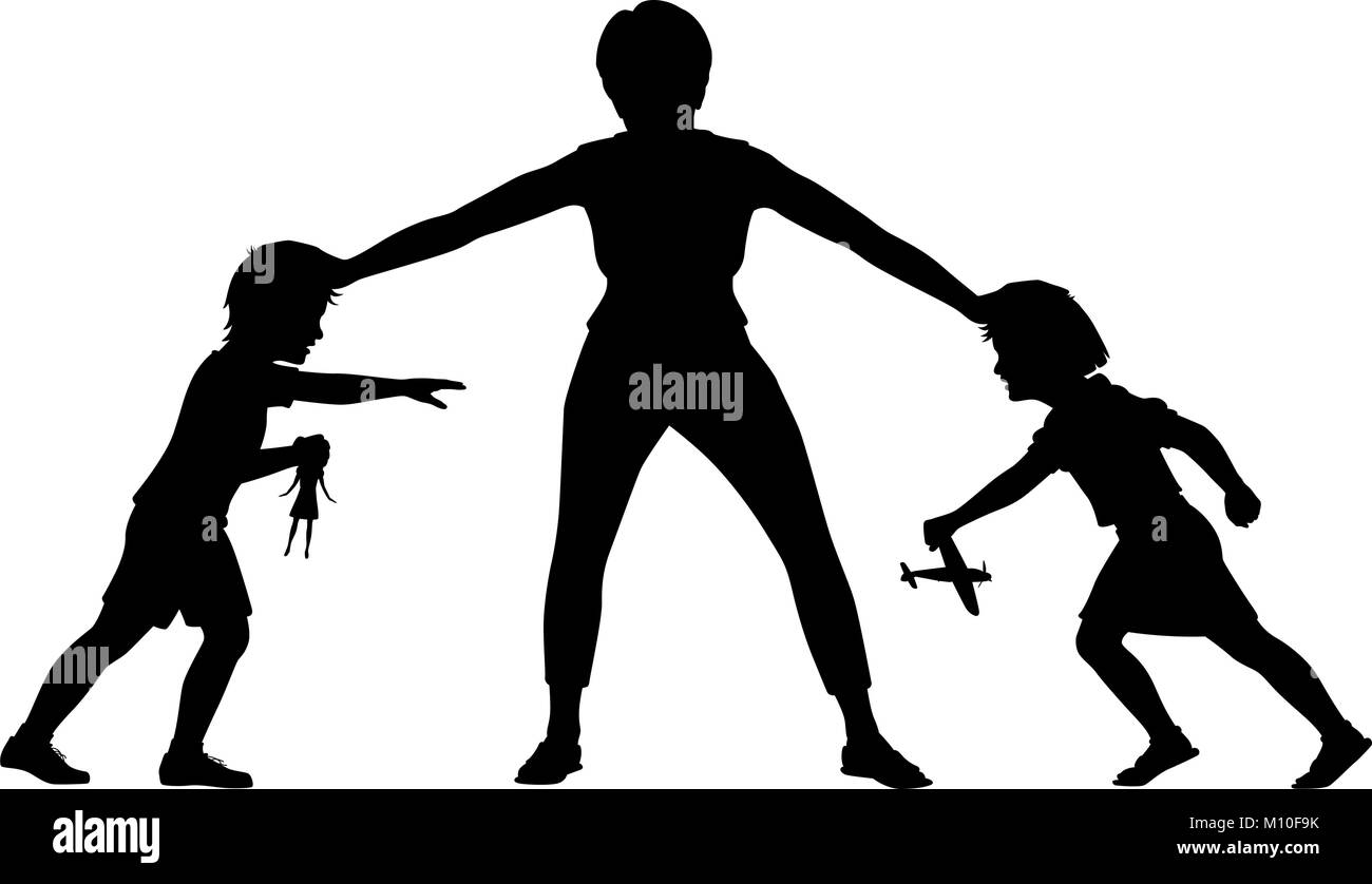 Editable vector silhouette Abbildung: eine Mutter mit einem jungen Bruder und Schwester abgesehen mit Figuren und Spielzeug als separate Objekte Stock Vektor
