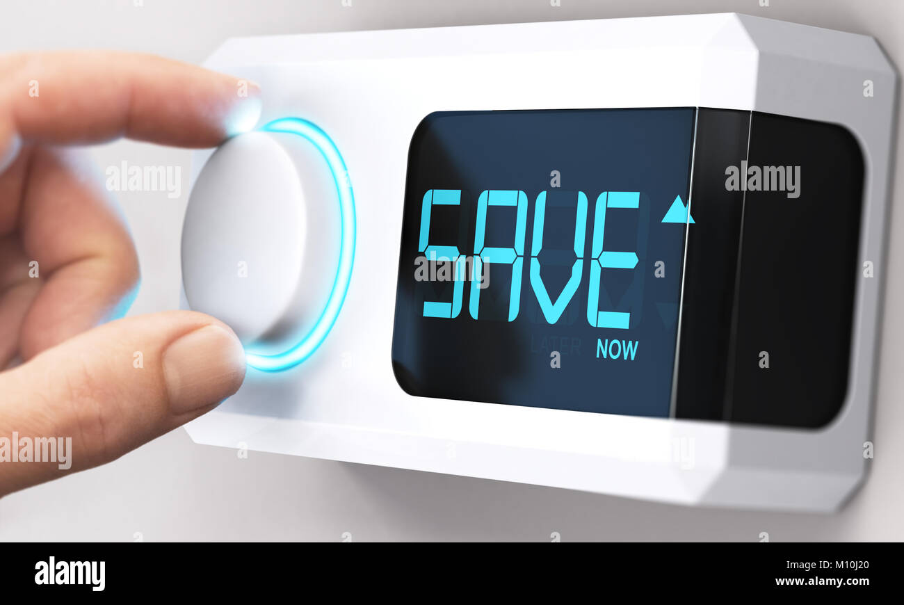 Hand drehen ein Thermostat Knopf Einsparungen durch weniger Energieverbrauch erhöhen. Das zusammengesetzte Bild zwischen einer hand Fotografie und 3D-Hintergrund. Stockfoto