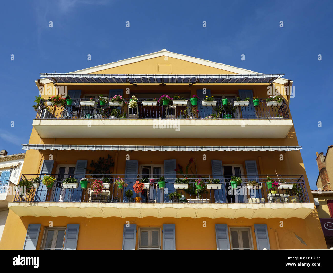 Anzeige von Topfpflanzen auf dem Balkon eines Gebäudes in Le Lavandou Stockfoto