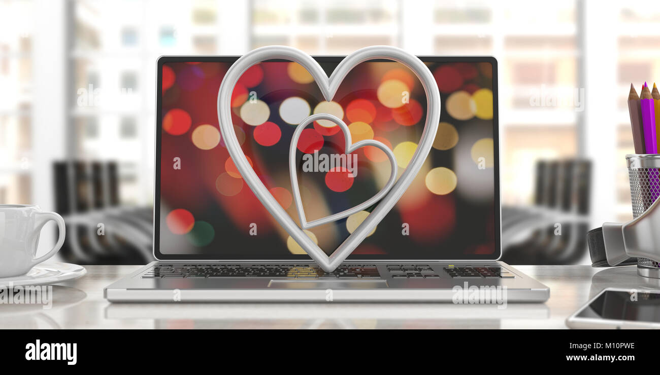 Valentinstag Konzept. Weiß angehängte Herz auf einem Laptop, blur Büro Hintergrund. 3D-Darstellung Stockfoto