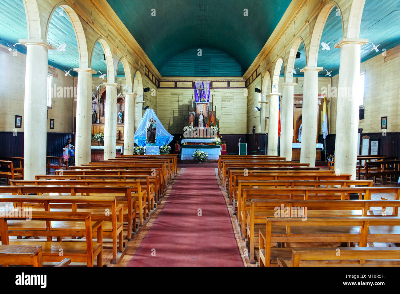 Chiloe Insel (Chile): Dalcahue, Kirche Unserer Lieben Frau der Schmerzen ("Iglesia de Nuestra Se-ora de los Dolores de Dalcahue'), UNESCO-Weltkulturerbe. Ich Stockfoto