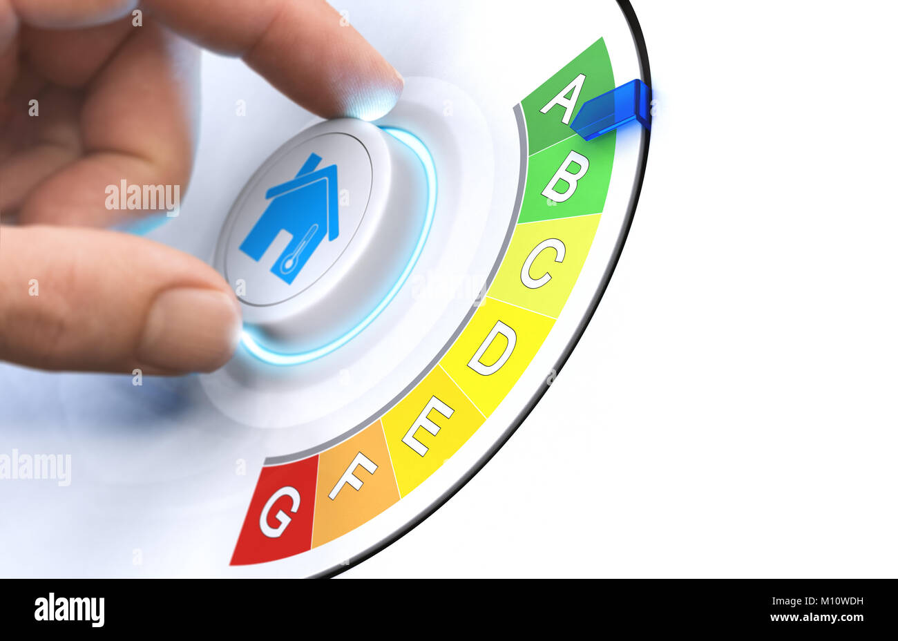 Hand einen Knopf drehen ein Haus mehr Energie effizienter zu machen. Das zusammengesetzte Bild zwischen einer hand Fotografie und 3D-Hintergrund. Stockfoto