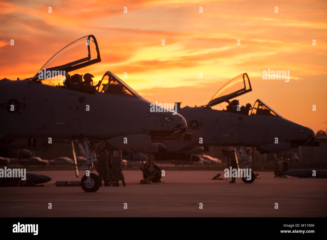 A-10 C "Warzenschwein" Piloten aus der 163 Fighter Squadron, und Flugzeugwartung Mannschaft Leiter aus der 122 Fighter Wing, Fort Wayne, Ind., für den Start im laufenden Betrieb Guardian Blitz, Jan 23, 2018, an der MacDill Air Force Base, Fla. Betrieb Guardian Blitz vorbereiten Ausbildung unsere Kernkompetenzen der engen Unterstützung aus der Luft zu üben, Vorwärts, einzudämmen und zu bekämpfen, Suche und Rettung. Die Blacksnakes der 122 Fighter Wing und unsere 163 Fighter Squadron ständig trainieren, um sicherzustellen, dass unsere Mitglieder sind immer bereit, die Nation zu verteidigen. (U.S. Air National Guard Foto: Staff Sgt. W Stockfoto