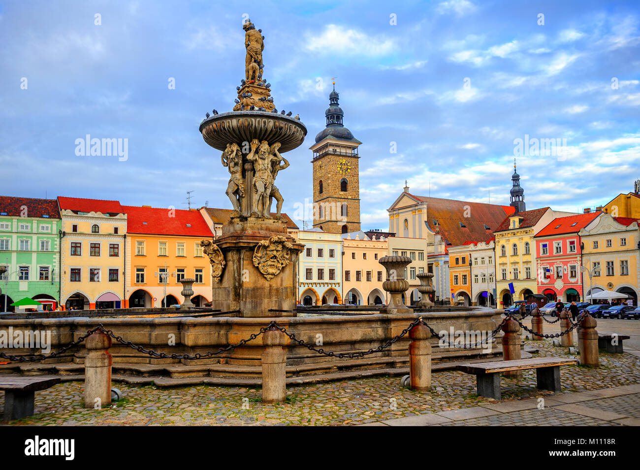 Historische Altstadt von Ceske Budejovice, Budvar, Tschechische Republik Stockfoto