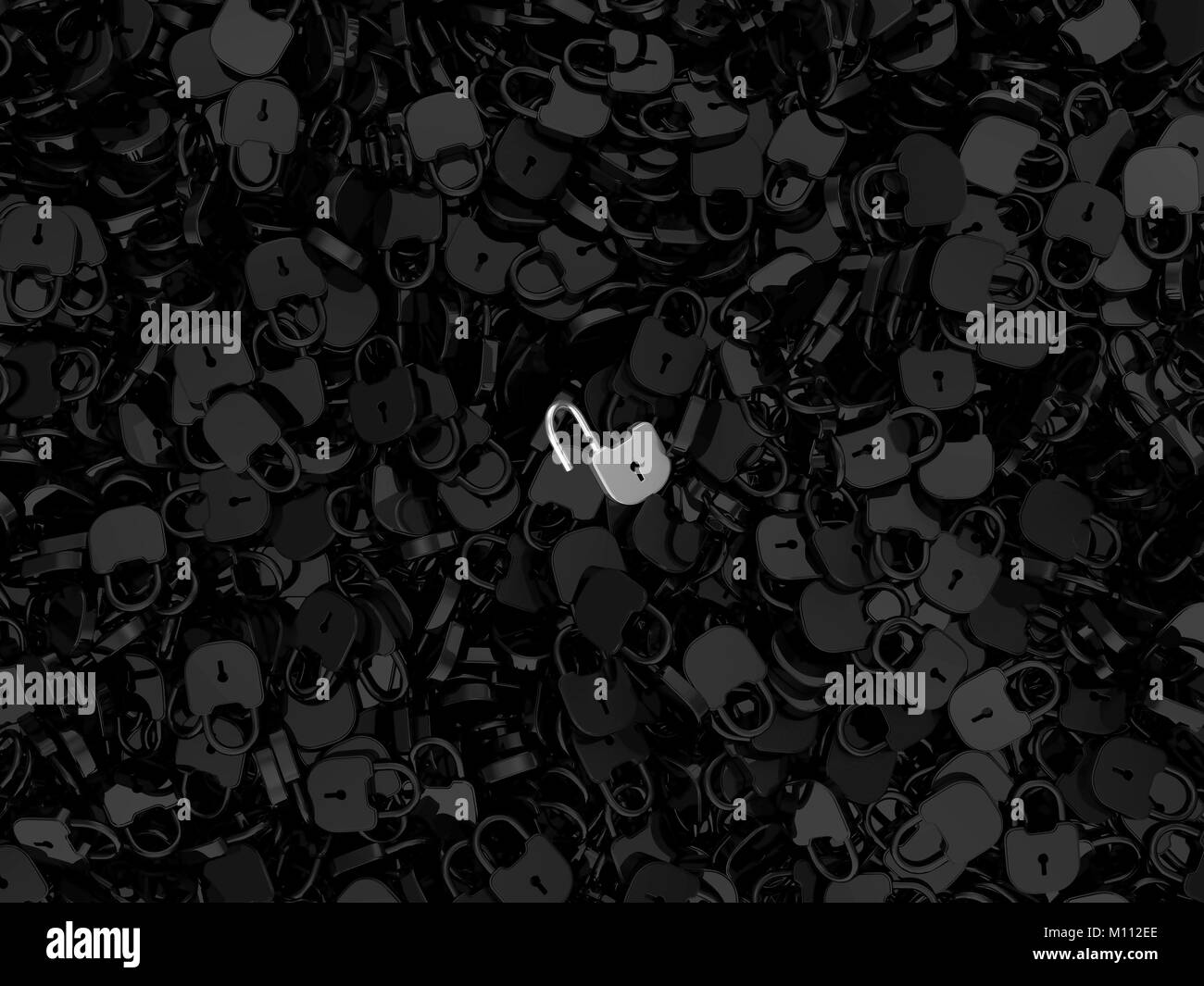 Gelöste Problem oder eine Idee - geöffnetes Schloß unter diejenigen gesperrt Stockfoto