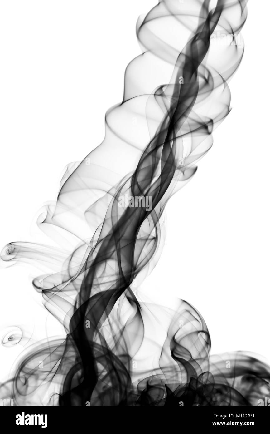 Abstrakte Form schwarzer Rauch über dem weißen Hintergrund Stockfoto