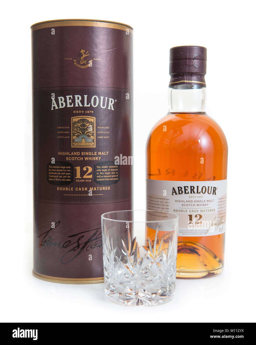 Aberlour 12 Jahre alten Single Malt Scotch Whisky Flasche und äusseren Umhüllung Stockfoto
