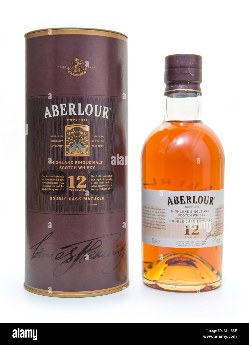 Aberlour 12 Jahre alten Single Malt Scotch Whisky Flasche und äusseren Umhüllung Stockfoto
