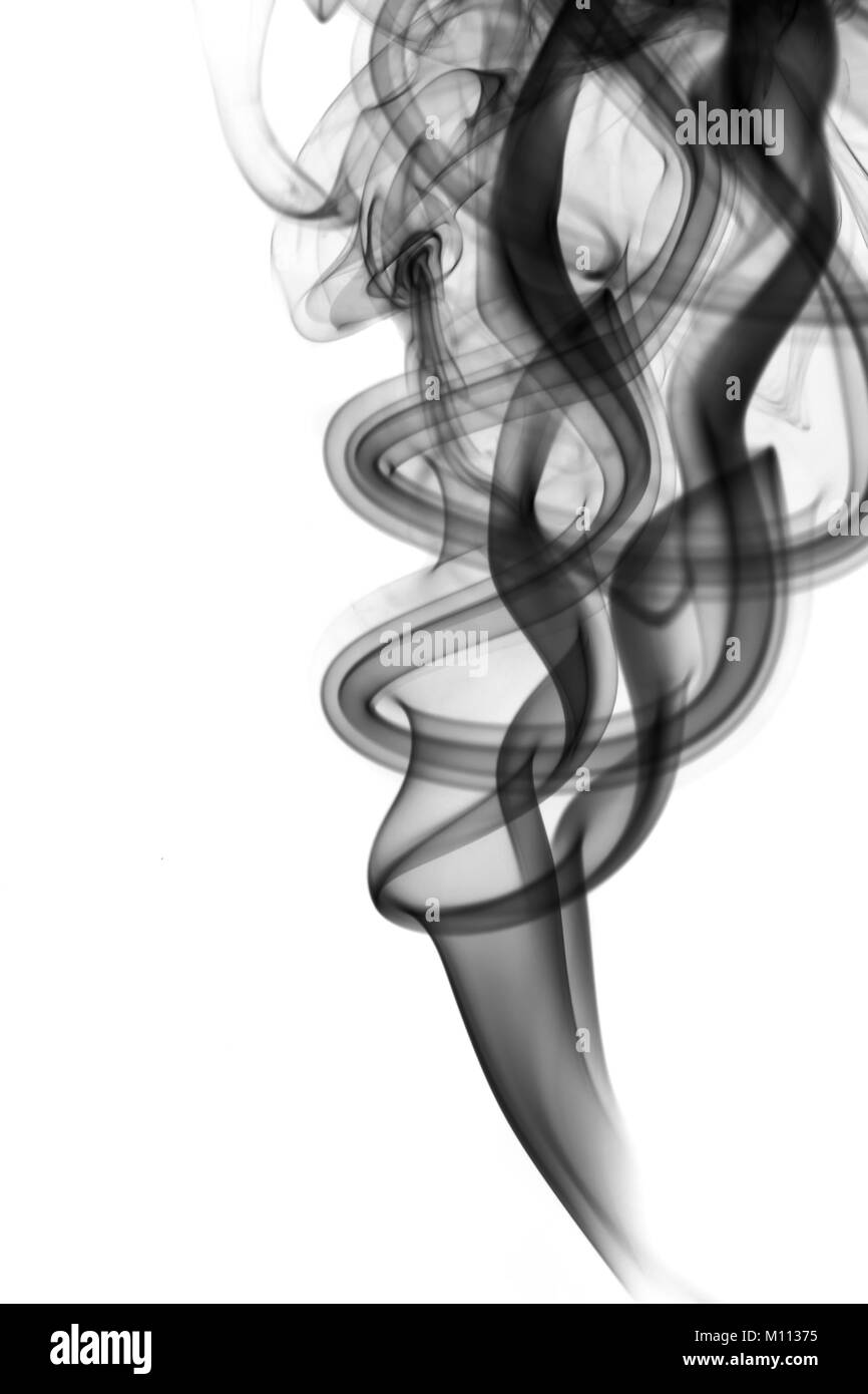 Schwarz abstrakt Rauch wirbelt auf weißem Hintergrund Stockfoto