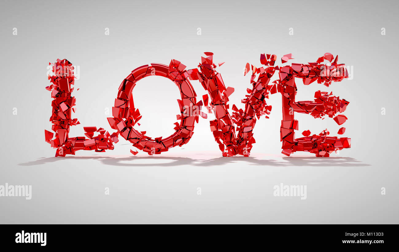 Liebe und Scheidung Begriff - red broken Wort über grauer Hintergrund mit Schatten. Andere Wörter sind in mein Portfolio. Stockfoto
