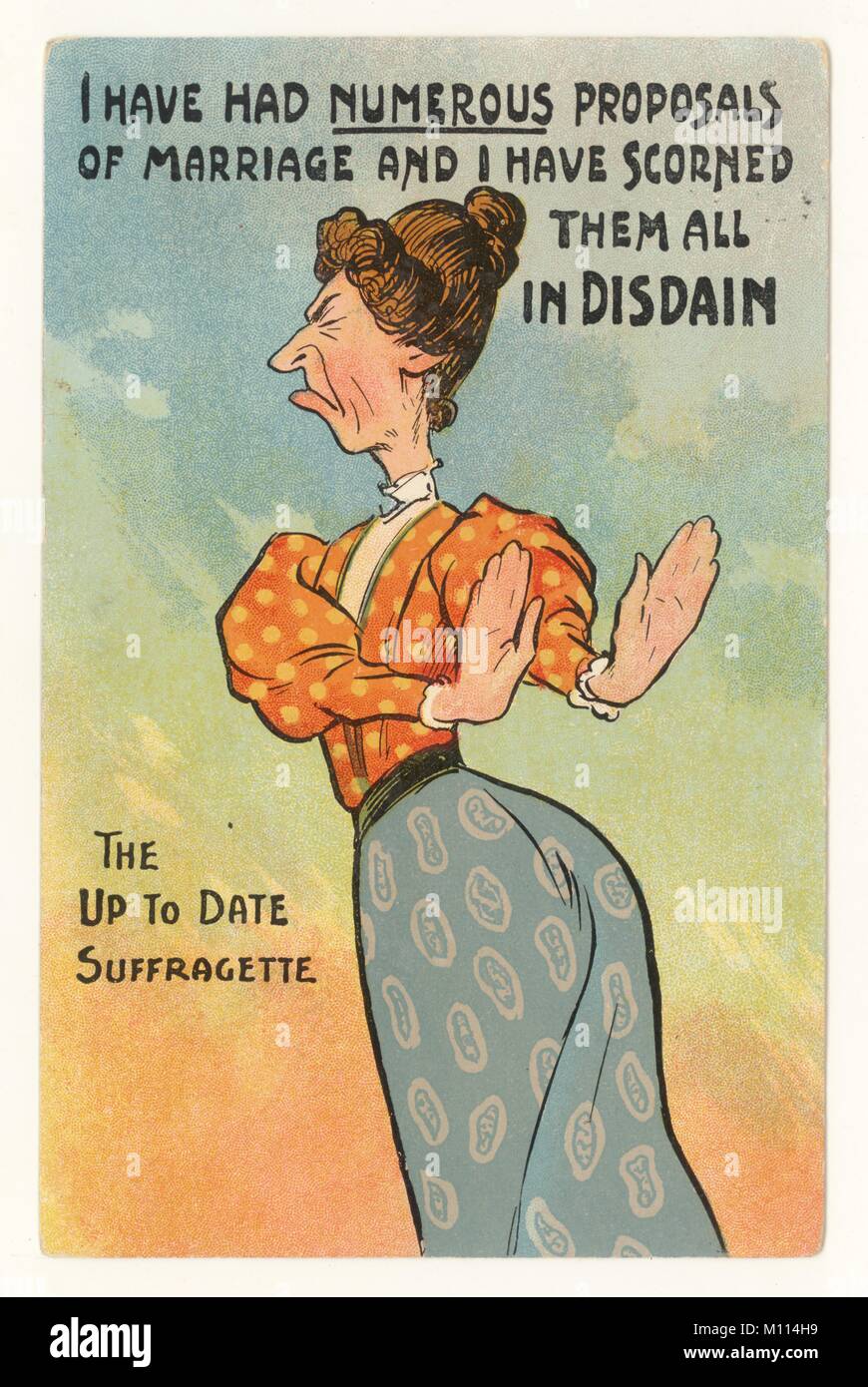 Anti-suffragette frauenfeindliche comic Postkarte von unatttractive Old Maid liest "Die aktuell Suffragette' und 'Ich habe zahlreiche Vorschläge der Ehe, und ich habe sie alle in Verachtung" verachtet, Postmarked 1911, Großbritannien Stockfoto