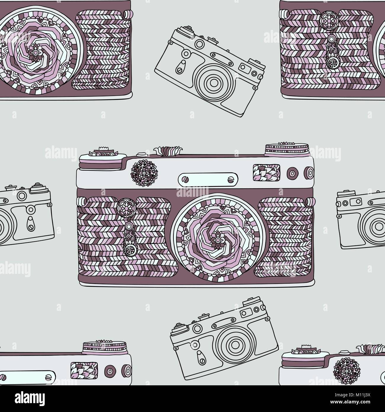 Vintage Retro Foto Kamera nahtlose Muster. Mandala stil Stoff Design. Boho style Vector Illustration. Stock Vektor Vintage Retro Foto Kamera nahtlose Muster. Mandala stil Stoff Design. Boho style Vector Illustration. Stock Vektor