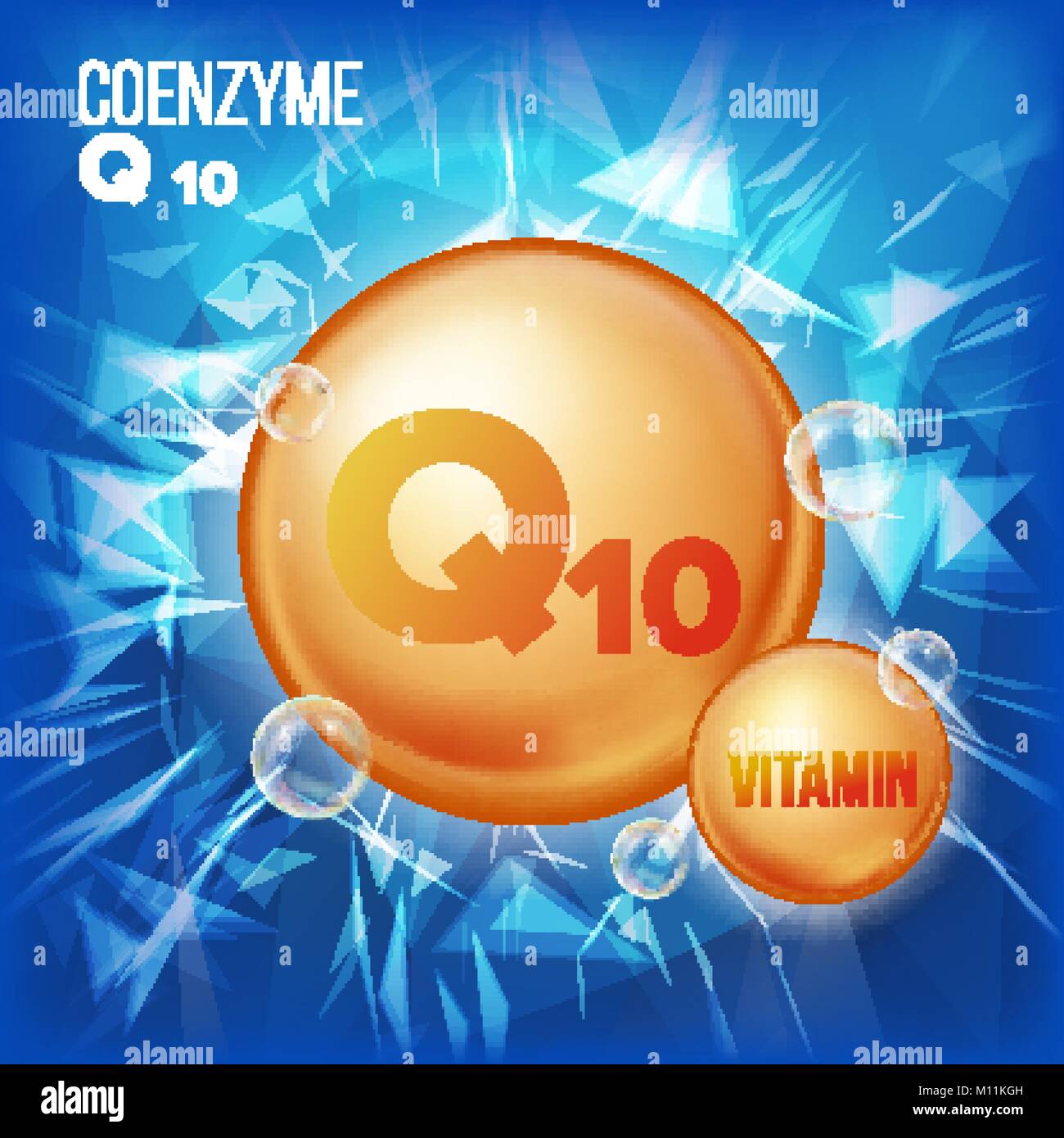 Vitamin Q10 Coenzym Vektor. Organische Vitamin Gold Pille Symbol. Medizin Kapsel, goldenen Stoff. Für Beauty, Kosmetik, Heide Promo Ads Design. 3D-Vitamin mit der chemischen Formel Komplex. Abbildung: Stock Vektor