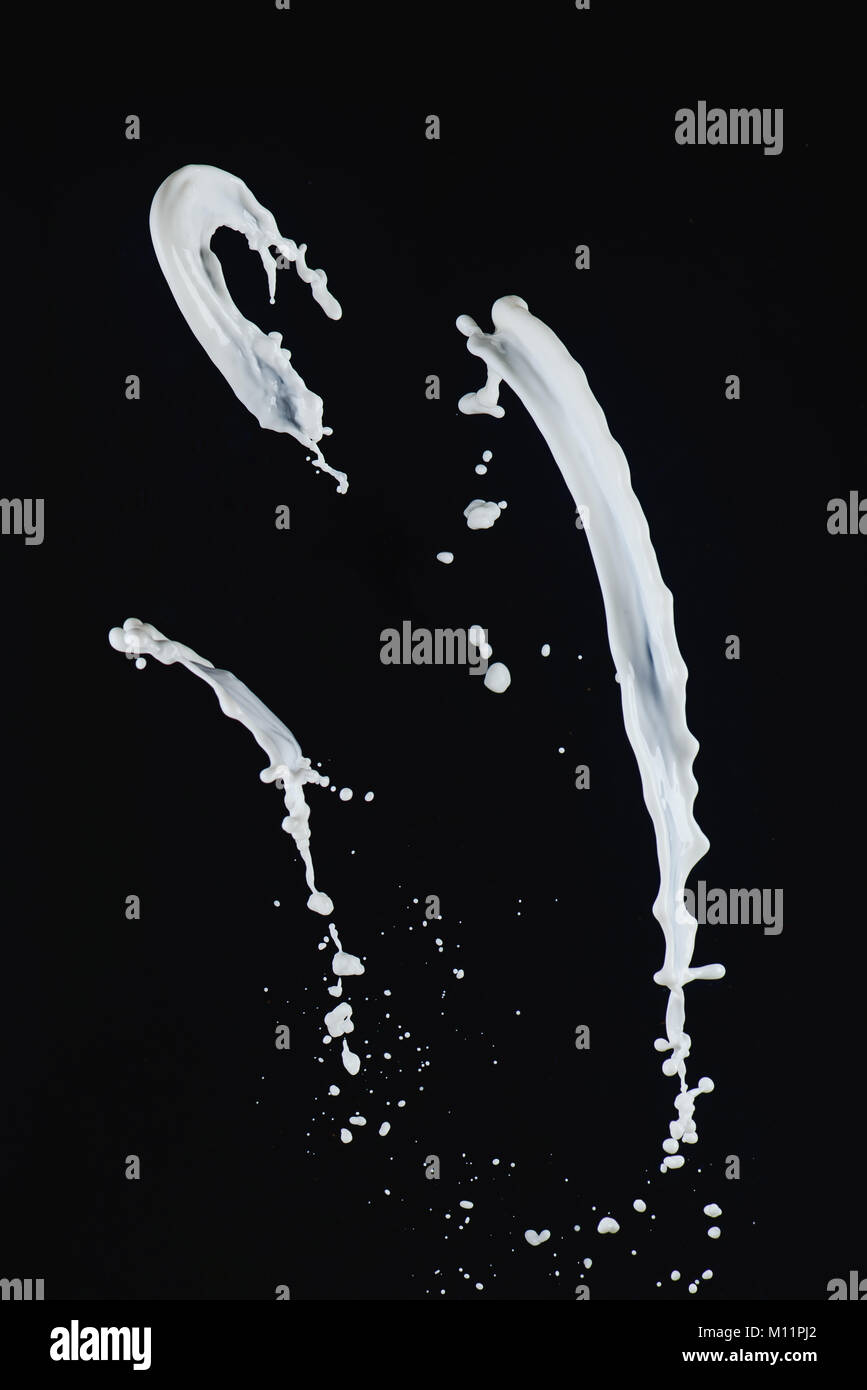 Milch spritzen Sammlung. Weiße Spritzer auf schwarzem Hintergrund. Liquid high-speed Fotografie. Essen in Bewegung. Stockfoto