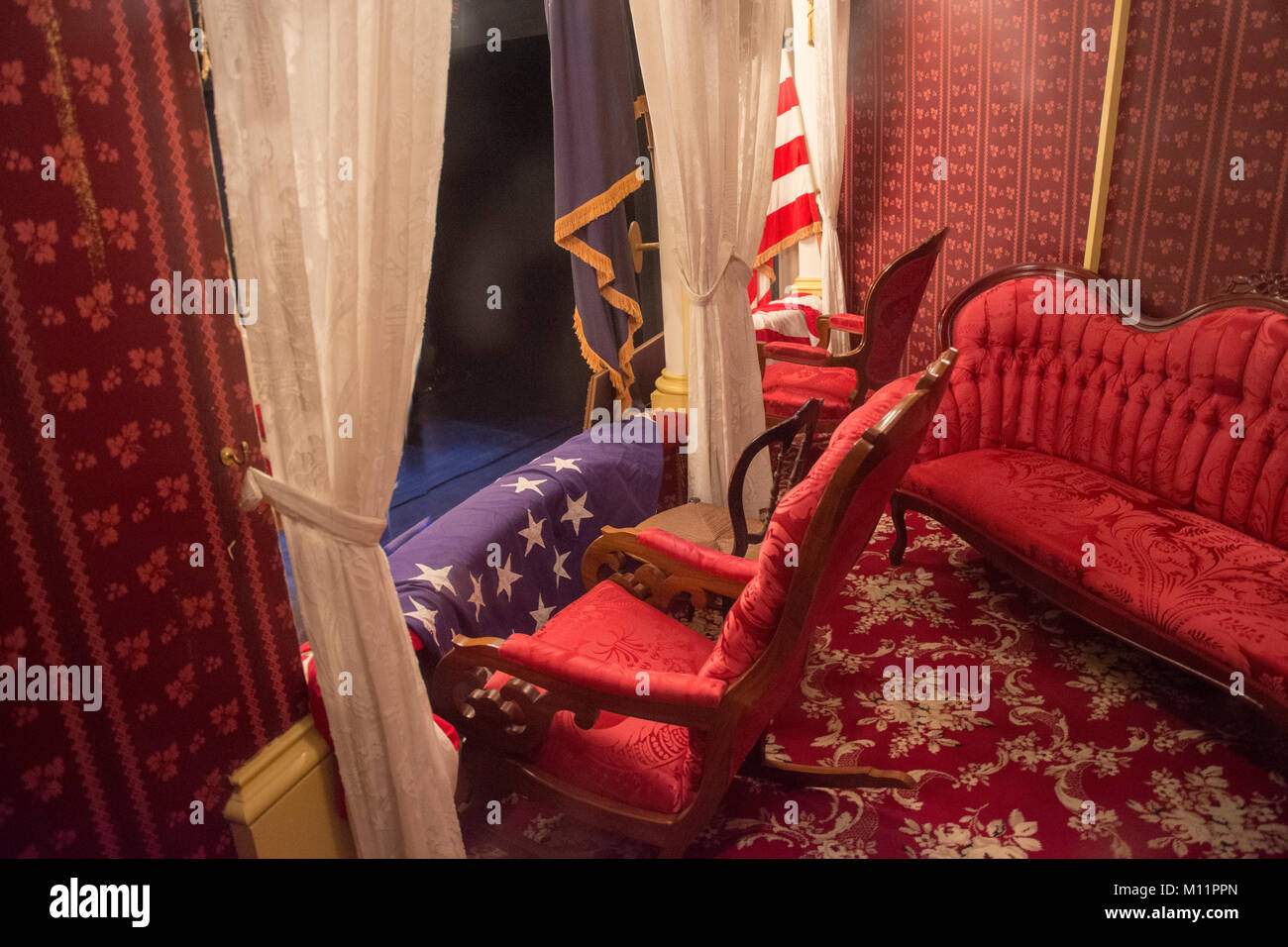 Innenansicht des Feldes "der Präsident wie es erschienen in der Nacht Präsident Lincoln erschossen wurde, in Ford's Theater, Washington, DC. Stockfoto