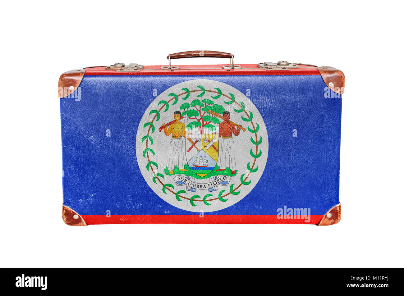 Vintage Koffer mit Belize Flagge Stockfoto