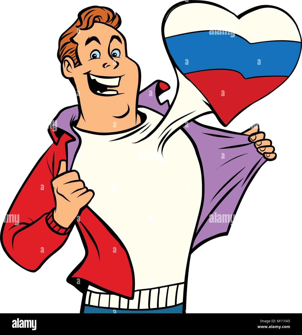 Russland patriot Mann auf weißem Hintergrund. Comic Cartoon Stil pop art Illustration Vektor retro Stock Vektor