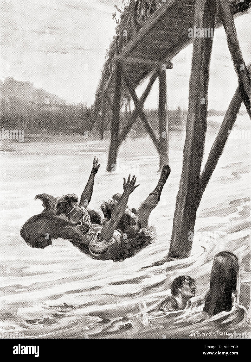 Der Tod von Maxentius nach seiner Niederlage gegen Konstantin in der Schlacht an der Milvischen Brücke 312, wo er mit seiner Armee im Flug durch Ertrinken im Tiber ums Leben kam. Maxentius, ca. 278–312. Römischer Kaiser von 306 bis 312 n. Chr. Nach dem Gemälde von Margaret Dovaston (1884-1954). Aus Hutchinsons Geschichte der Nationen, veröffentlicht 1915. Stockfoto