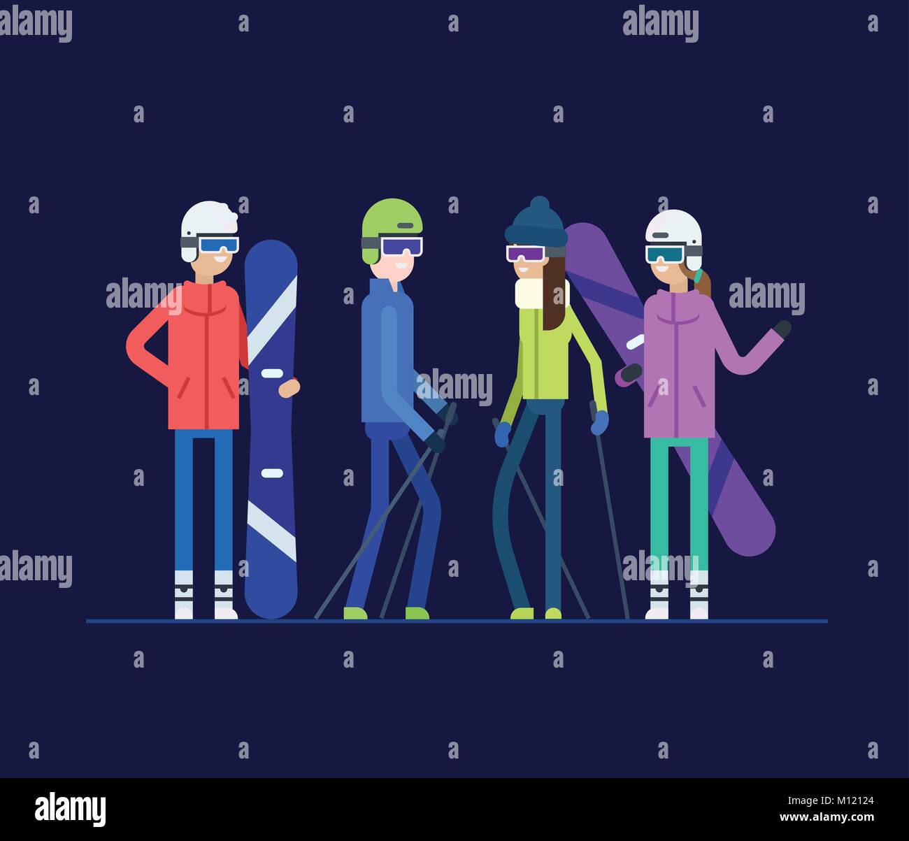 Freunde geht Snowboarden und Skifahren - moderne Wohnung design Illustration Stock Vektor