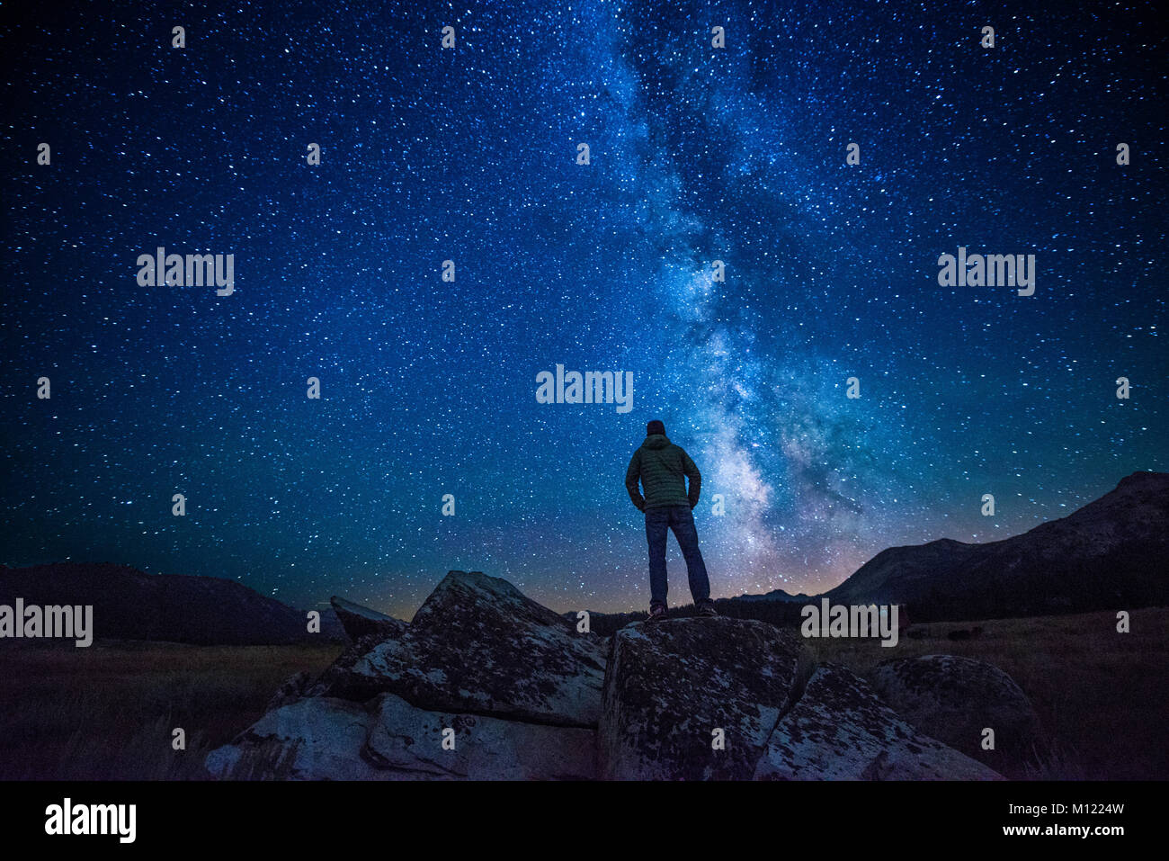 Ein Mann steht auf einem Felsen am Nachthimmel und Milchstraße in Hope Valley in der Nähe von South Lake Tahoe, Kalifornien suchen Stockfoto