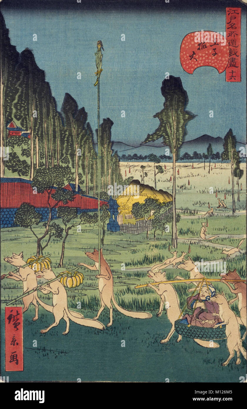 Edomeisho doukezukushi 16 Oji Kitsunebi von Utagawa Hirokage, Edo-Periode Stockfoto