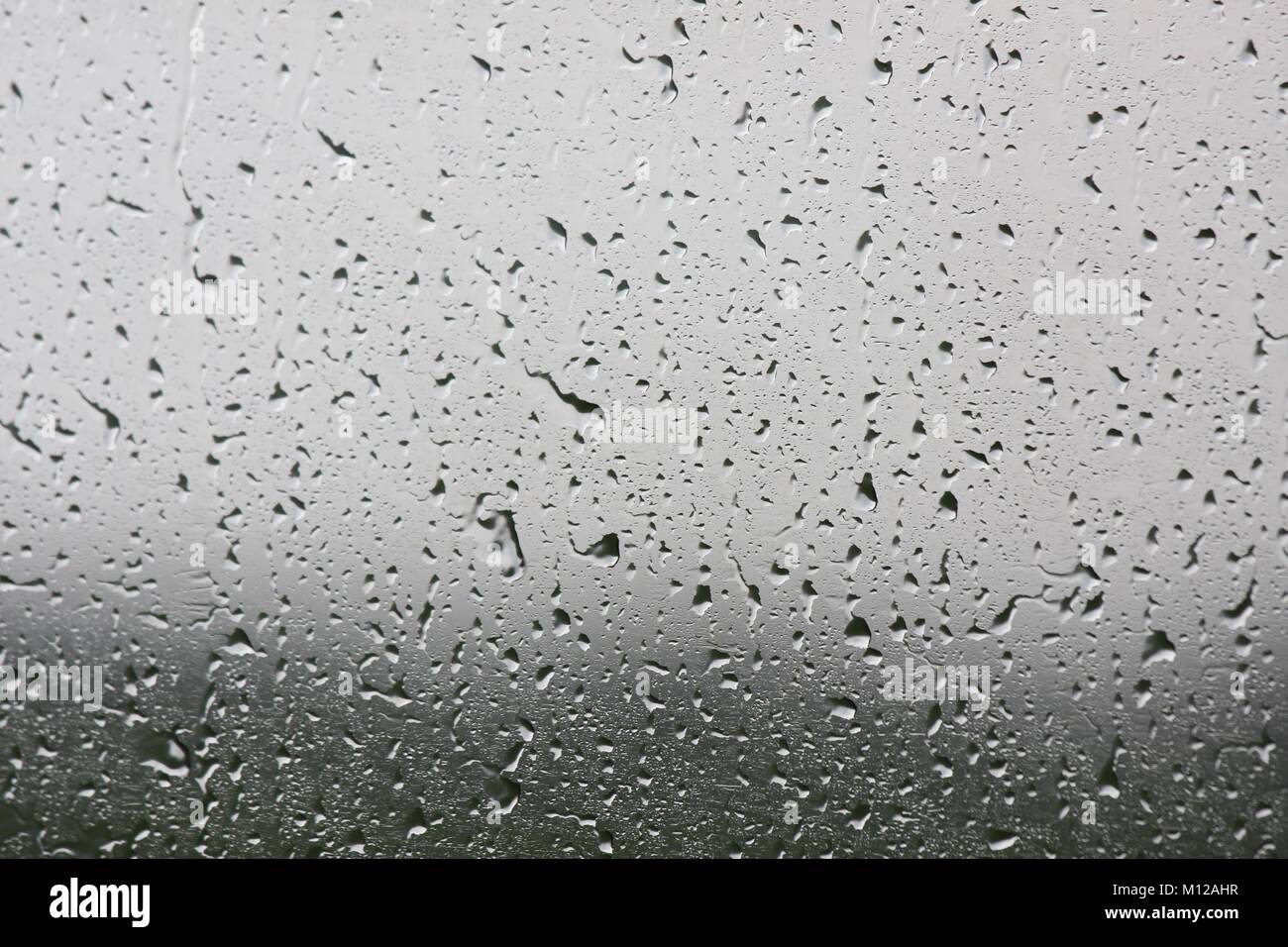 Wassertropfen auf dem Fenster an einem verregneten Tag. Stockfoto