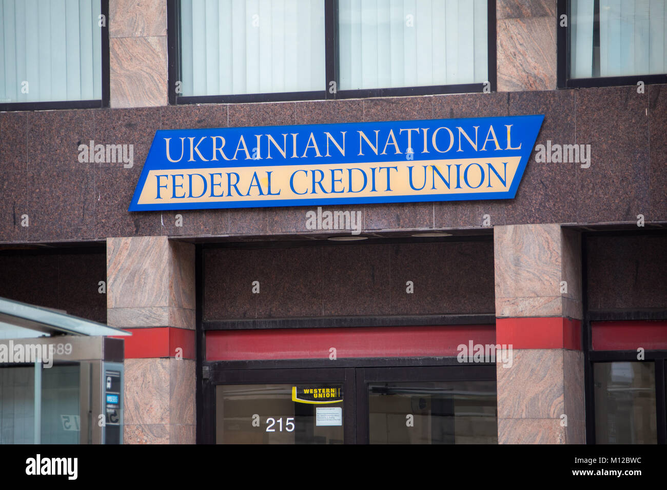 Ukrainische Nationale Fedral Credit Union, East Village, Manhattan, New York City Stockfoto
