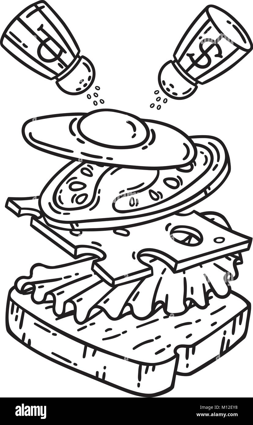 Frühstück. Sandwich mit Ei. Isolierte Objekte auf weißem Hintergrund. Vector Illustration. Färbung skizziert. Stock Vektor