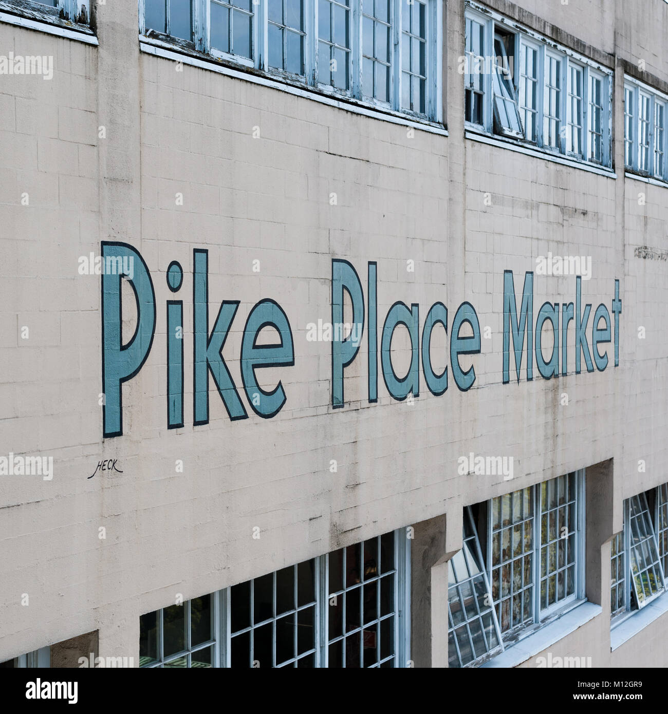 Pike Place Market signage auf Wand, Seattle Stockfoto