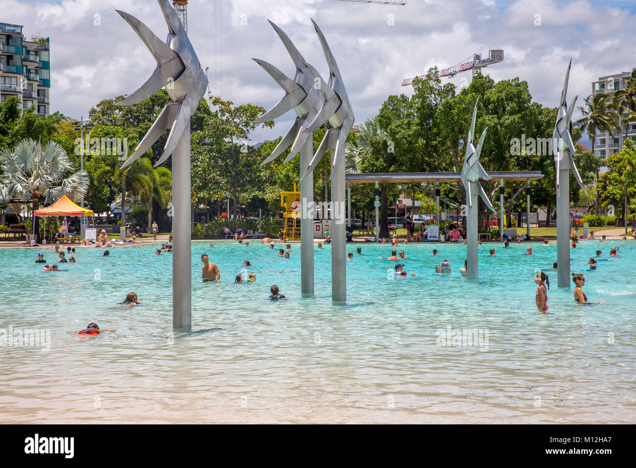 Schwimmbad in Cairns Esplanade im Herzen der Stadt, in der beliebten mit Bewohnern zum Abkühlen auf einer tropischen Hitze Tag, Cairns, Far North Queensland Stockfoto