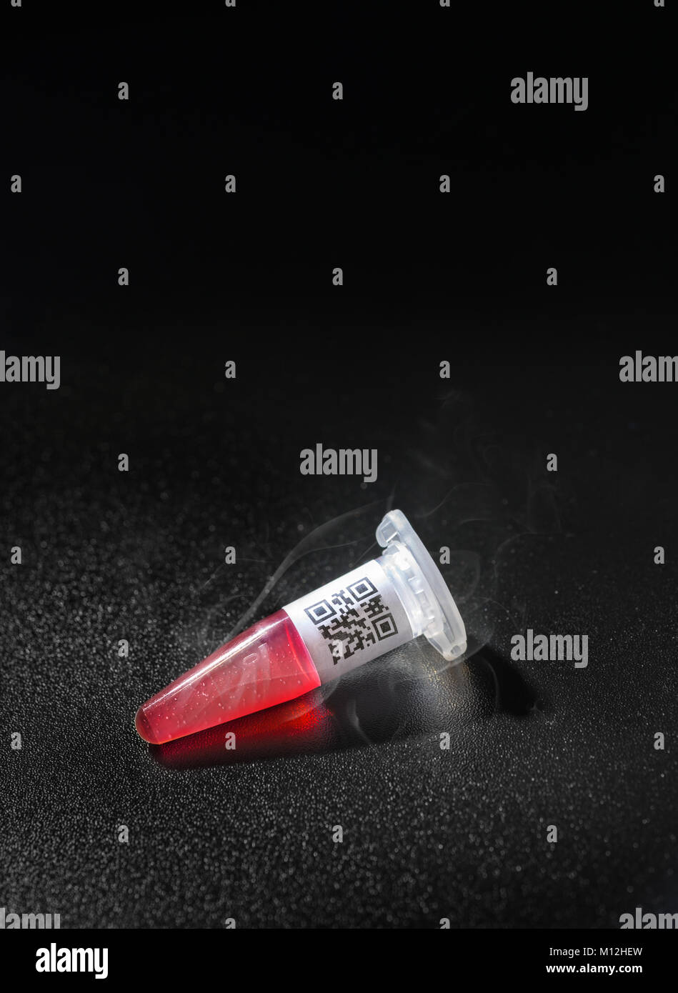 Auftauen von Cryosample aus Cryostorage auf dunklem Hintergrund, Text Platz genommen Stockfoto