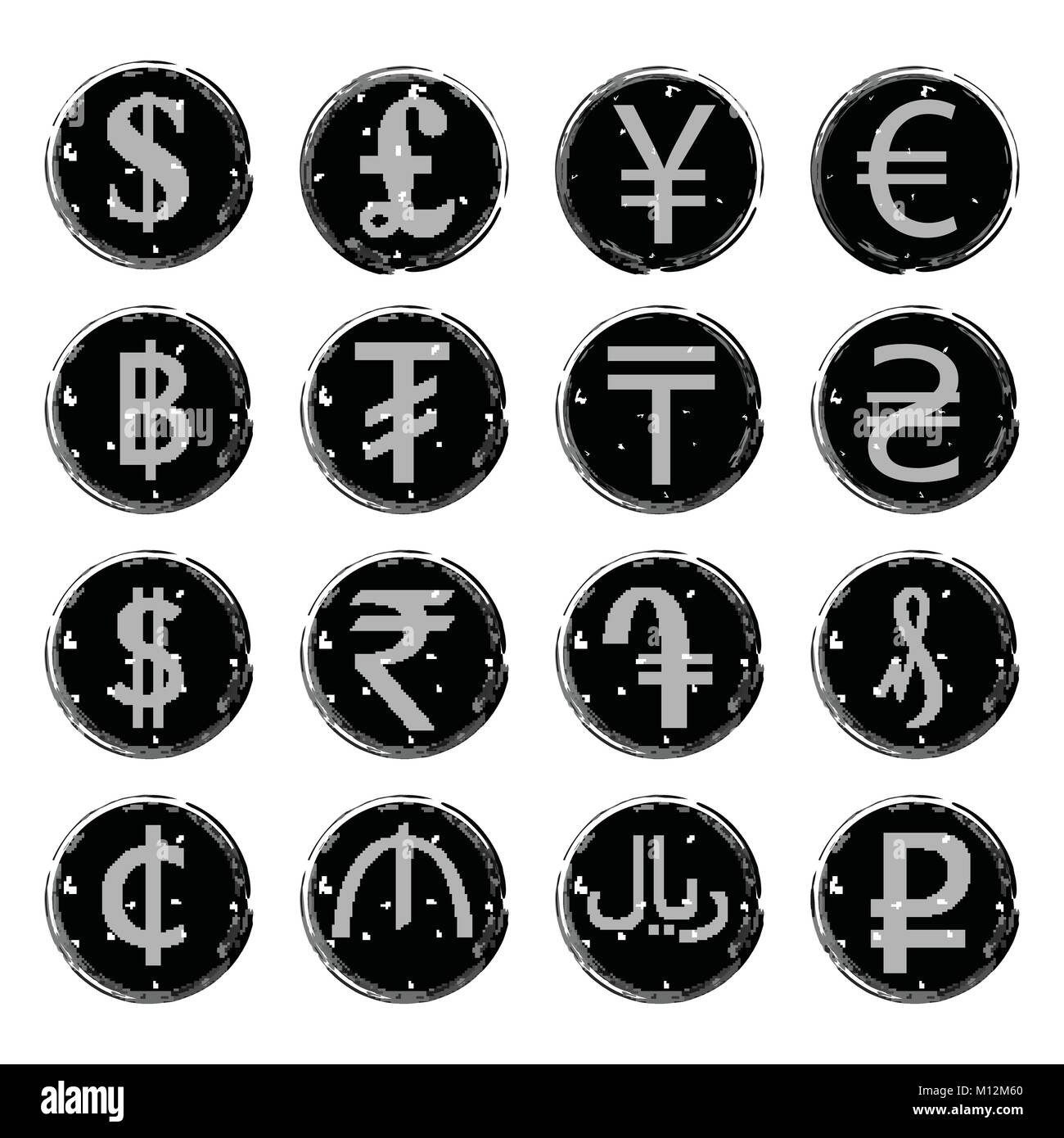 16 schwarzen und weißen Vektor grunge Icons mit Bildern der modernen Währungssymbole verschiedener Länder, für Exchange Büros. Stock Vektor