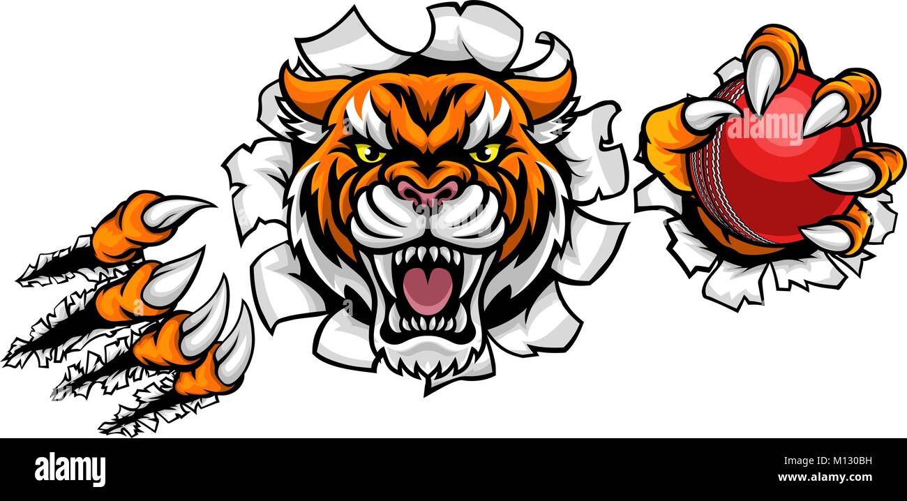 Tiger Holding Cricket Ball brechen Hintergrund Stock Vektor