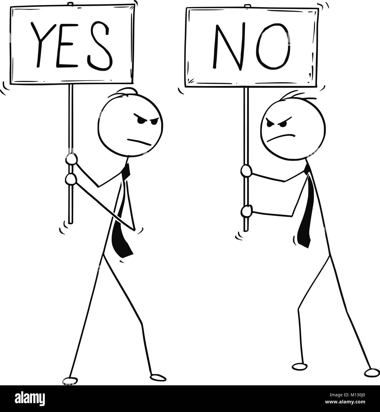 Konzeptionelle Cartoon von zwei Geschäftsmänner mit Ja und Nein Zeichen Stock Vektor