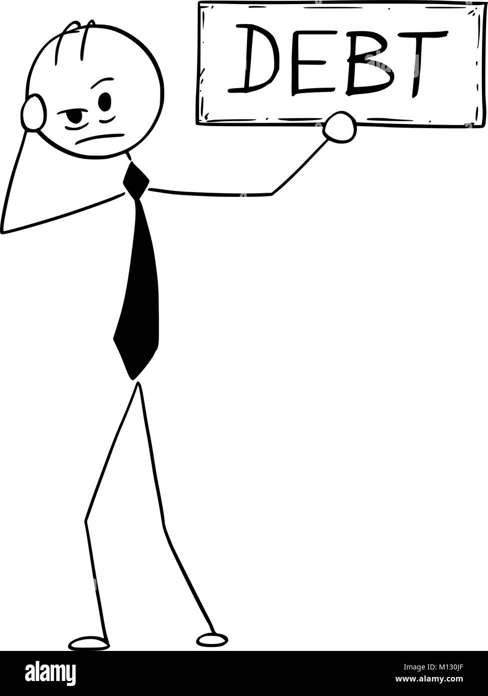 Konzeptionelle Cartoon von depressiven Geschäftsmann mit Schulden Zeichen Stock Vektor