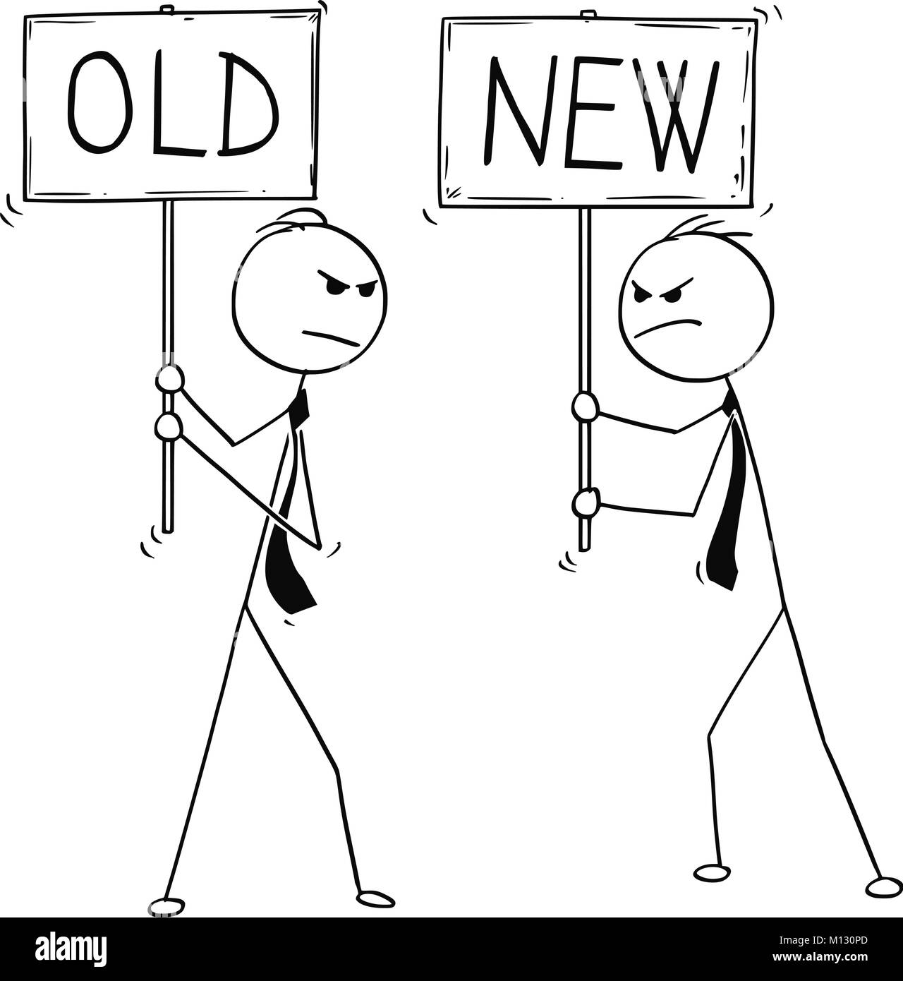 Konzeptionelle Cartoon von zwei Geschäftsmänner mit alten und neuen Zeichen Stock Vektor