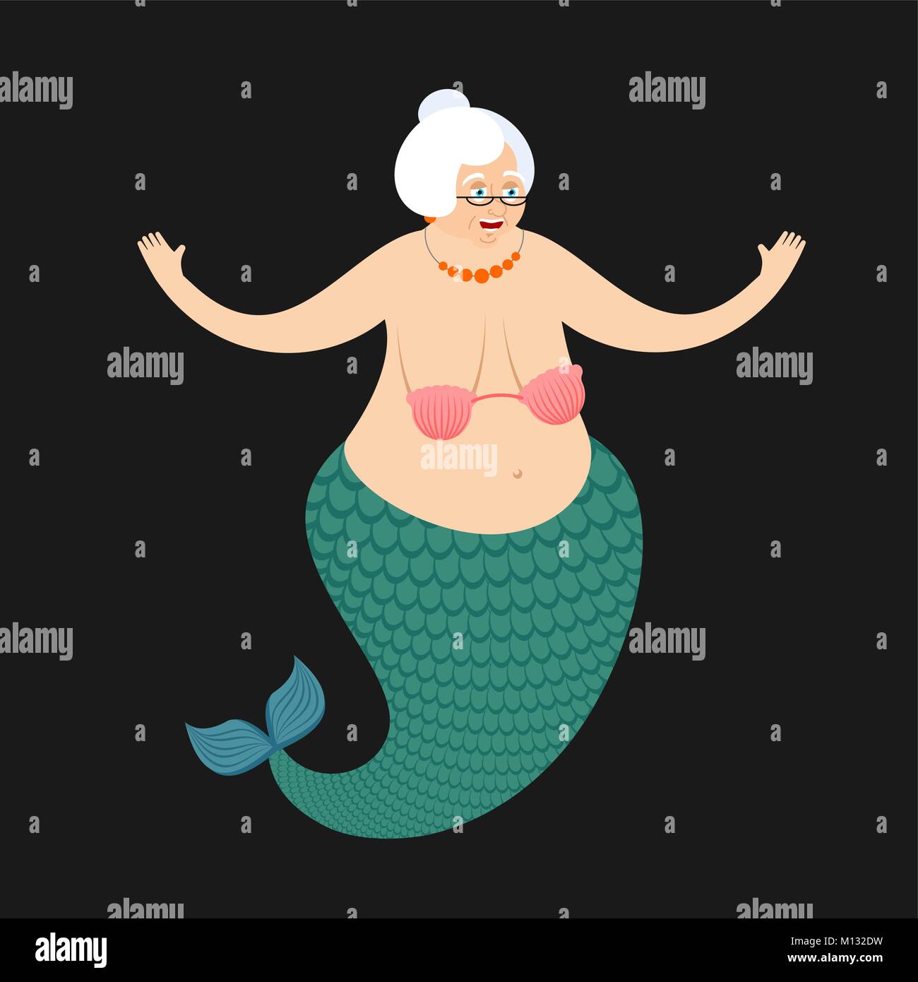 Alte Mermaid Oma. Mythische Unterwasserwelt Großmutter mit Fish Tail. Vector Illustration Stock Vektor