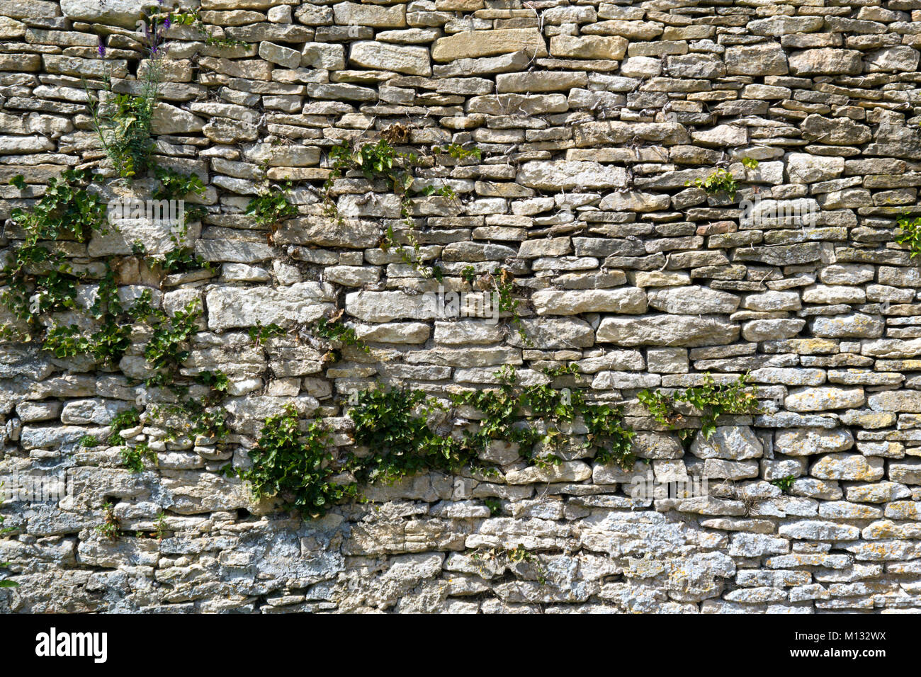 Alte Schutt Steinmauer mit Vegetation wächst an Es Stockfoto