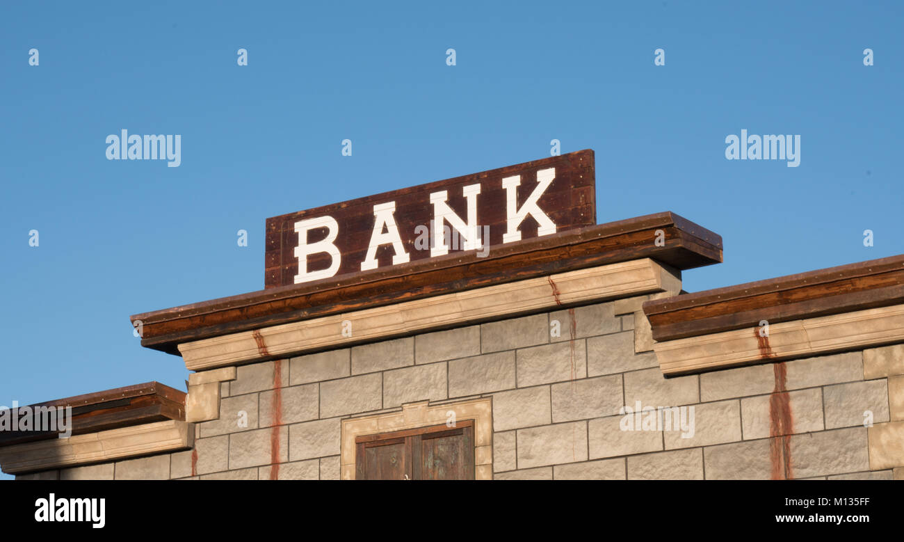 Alte Bank unterzeichnen in Western Ghost Town Stockfoto